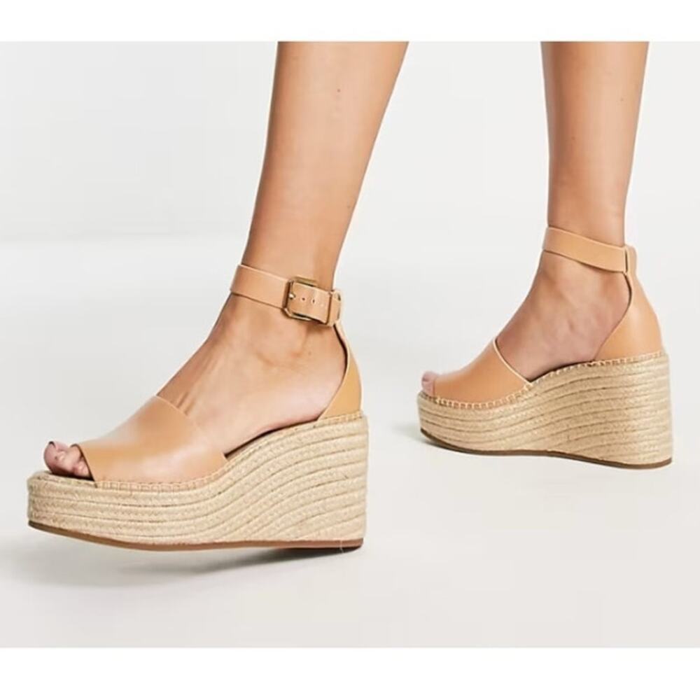& Other Stories Espadrille Wedge Sandals Tan Leather Ankle Strap Buckle 38 US 8